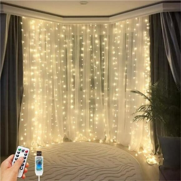 300 LED Curtain Fairy String Lights Warm White USB Remote Indoor Outdoor Decor - Picture 1 of 8